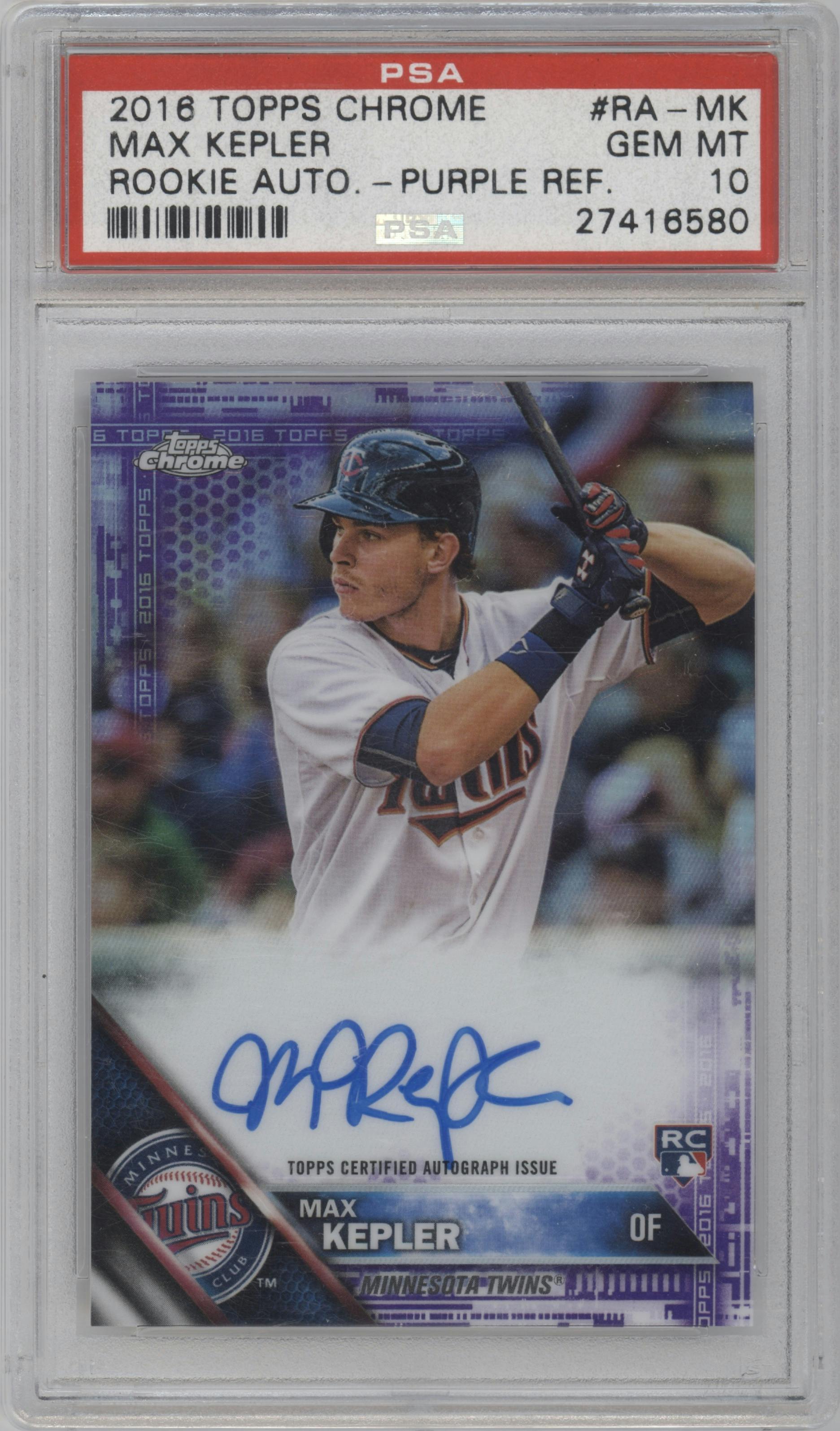 Max Kepler from the 2016 Topps Chrome set featuring a Purple Refractor parallel graded by PSA and given an overall grade of 10.