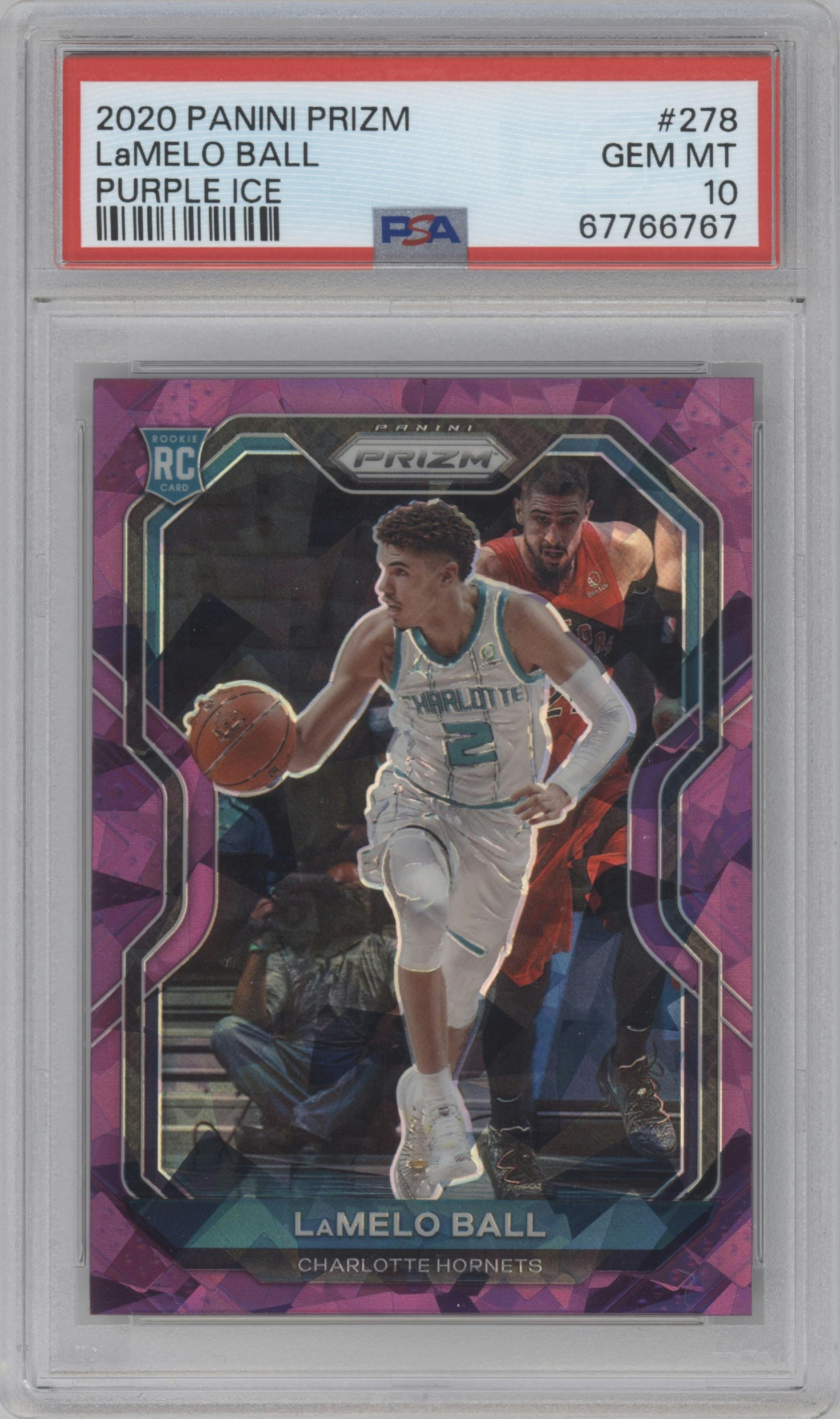LaMelo Ball from the 2020-21 Panini Prizm set featuring a Purple Ice parallel graded by PSA and given an overall grade of 10.