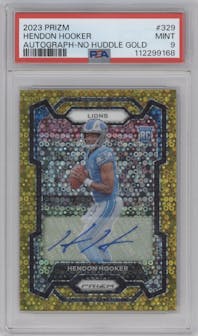 Hendon Hooker from the 2023 Panini Prizm set featuring a No Huddle Gold parallel graded by PSA and given an overall grade of 9.