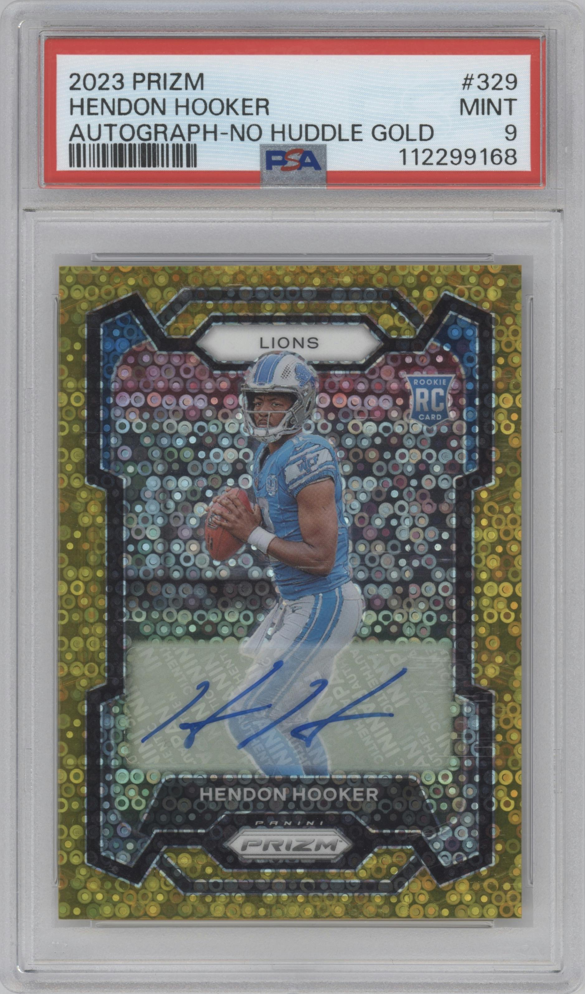 Hendon Hooker from the 2023 Panini Prizm set featuring a No Huddle Gold parallel graded by PSA and given an overall grade of 9.