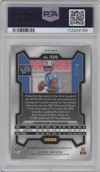 Hendon Hooker from the 2023 Panini Prizm set featuring a No Huddle Gold parallel graded by PSA and given an overall grade of 9.