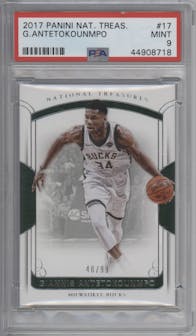 Giannis Antetokounmpo from the 2017-18 Panini National Treasures set graded by PSA and given an overall grade of 9.