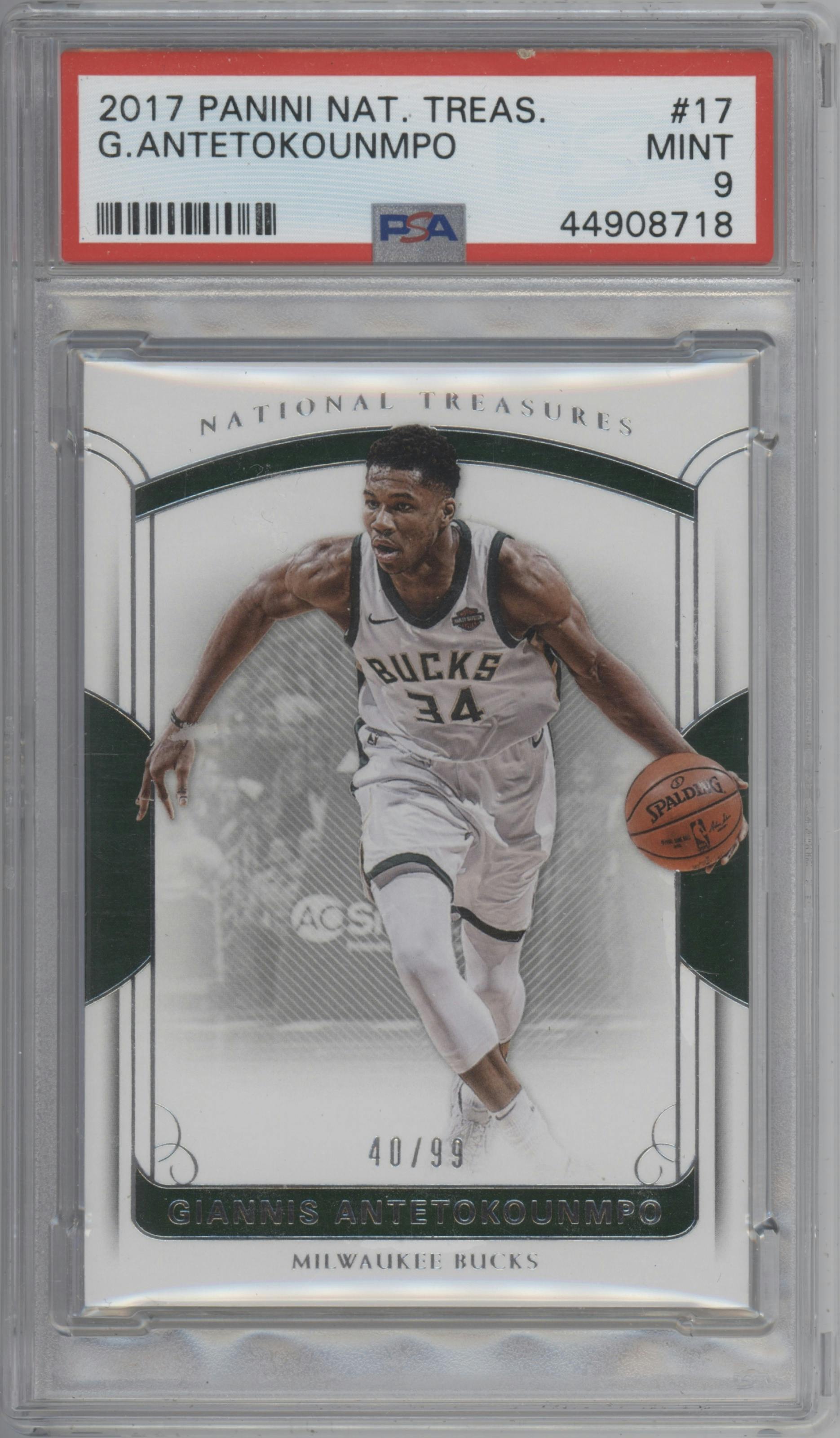 Giannis Antetokounmpo from the 2017-18 Panini National Treasures set graded by PSA and given an overall grade of 9.