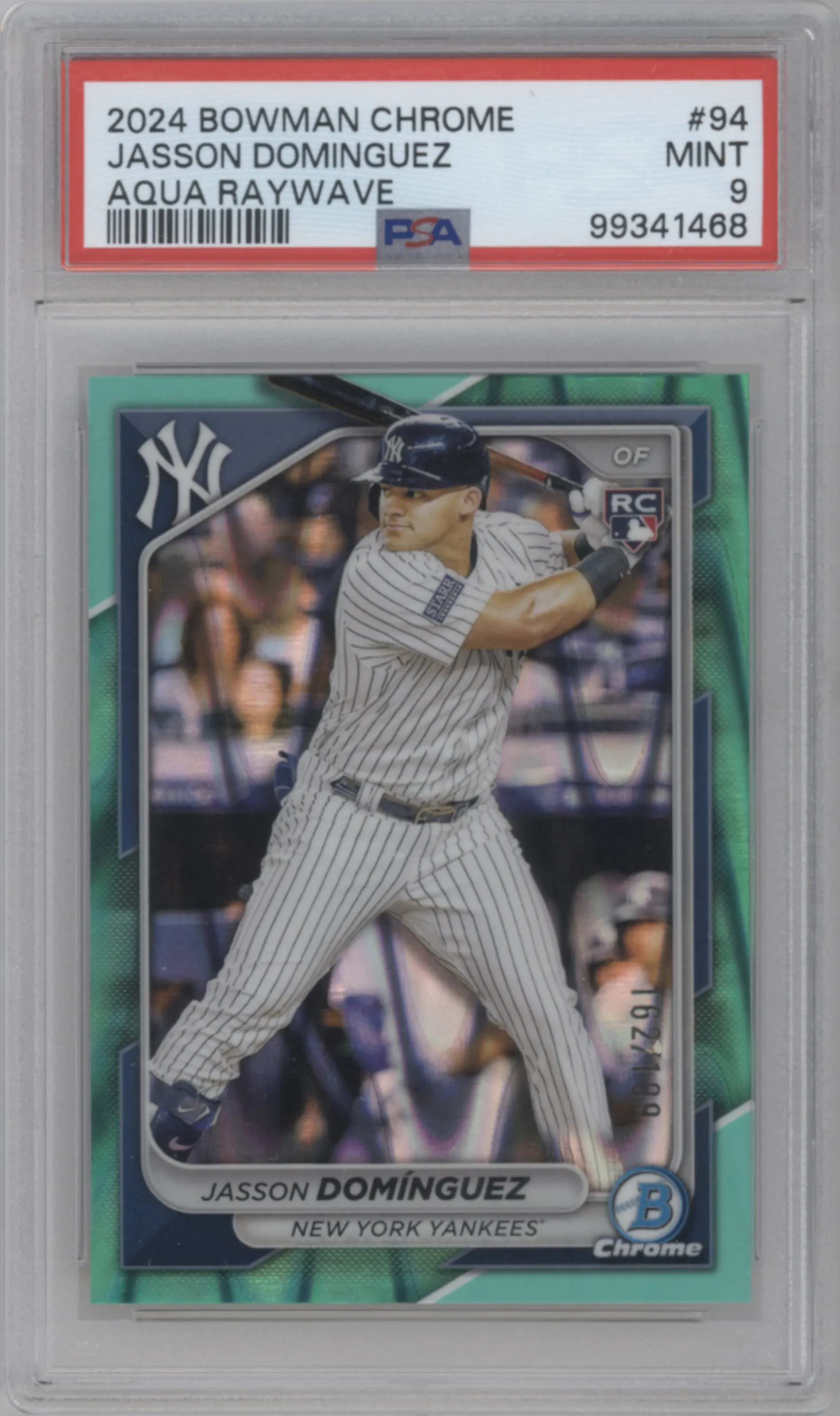 Jasson Dominguez  from the 2024 Bowman Chrome set featuring a Aqua Raywave Refractor parallel graded by PSA and given an overall grade of 9.