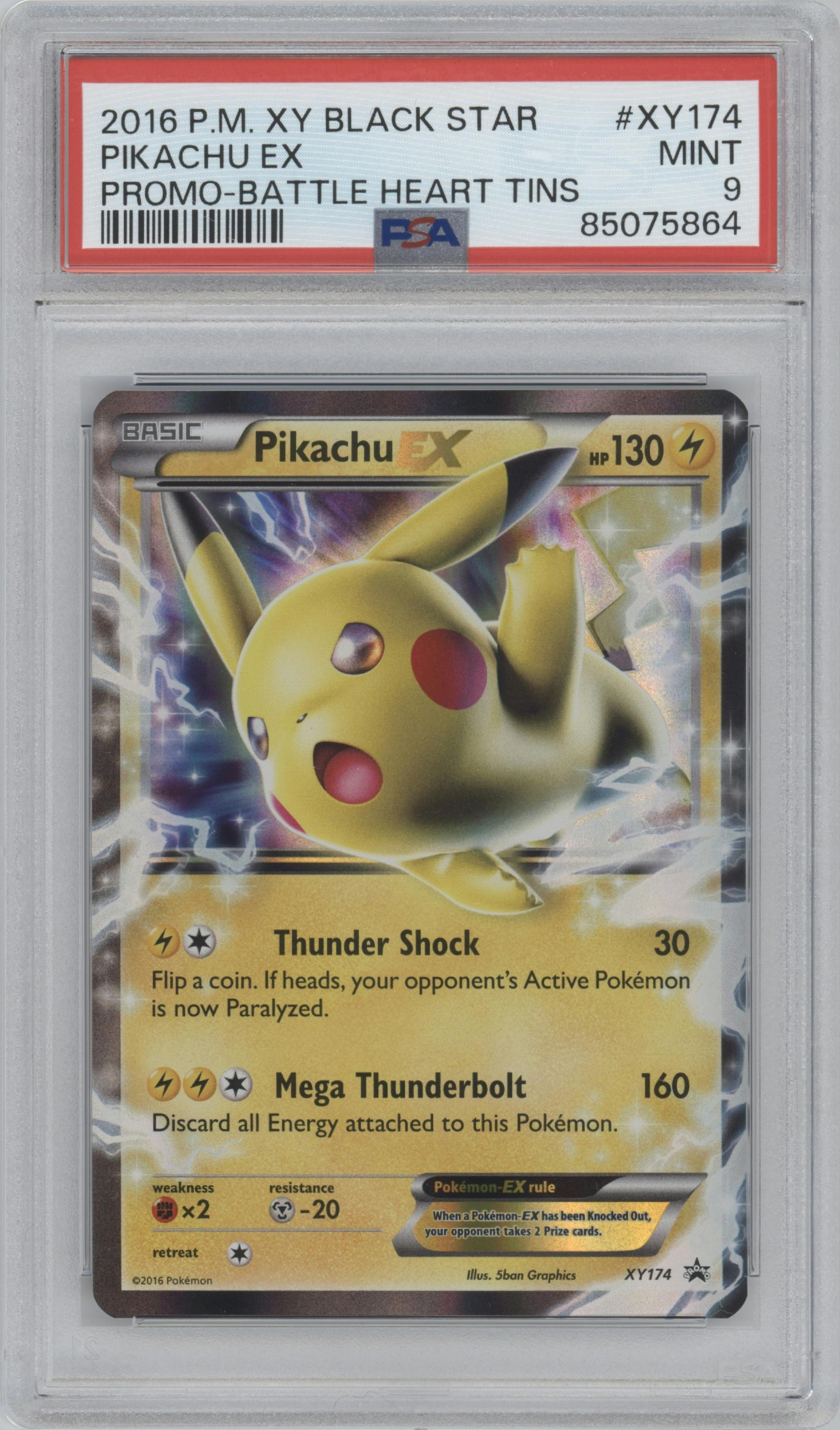 Pikachu EX from the 2016 Pokemon XY set featuring a Fall 2016 Battle Heart Tins parallel graded by PSA and given an overall grade of 9.