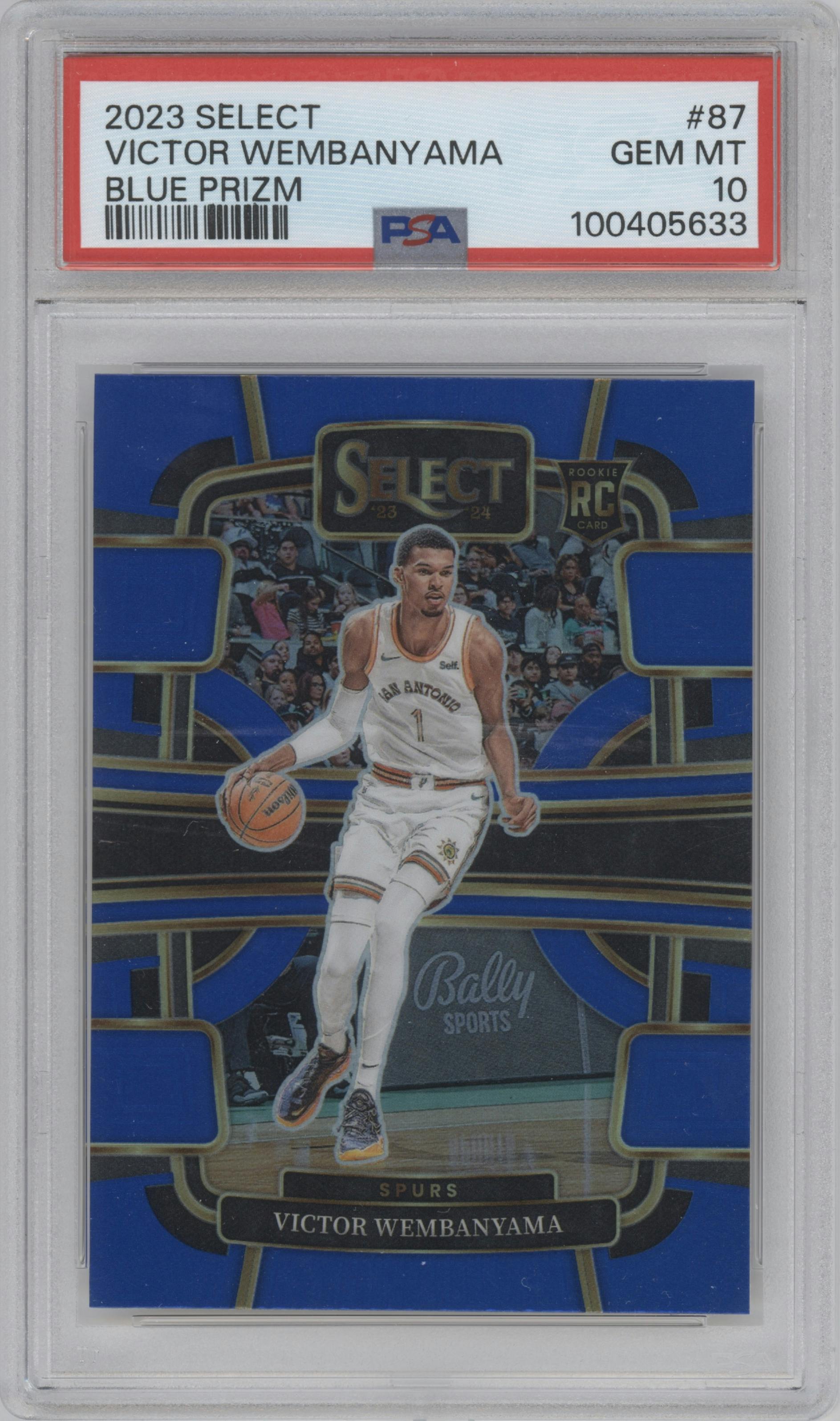 Victor Wembanyama from the 2023-24 Panini Select  set featuring a Blue Prizm parallel graded by PSA and given an overall grade of 10.