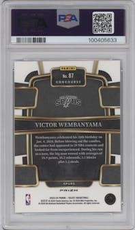 Victor Wembanyama from the 2023-24 Panini Select  set featuring a Blue Prizm parallel graded by PSA and given an overall grade of 10.