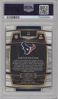 Nico Collins from the 2021 Panini Select set featuring a Dragon Scale parallel graded by PSA and given an overall grade of 9.