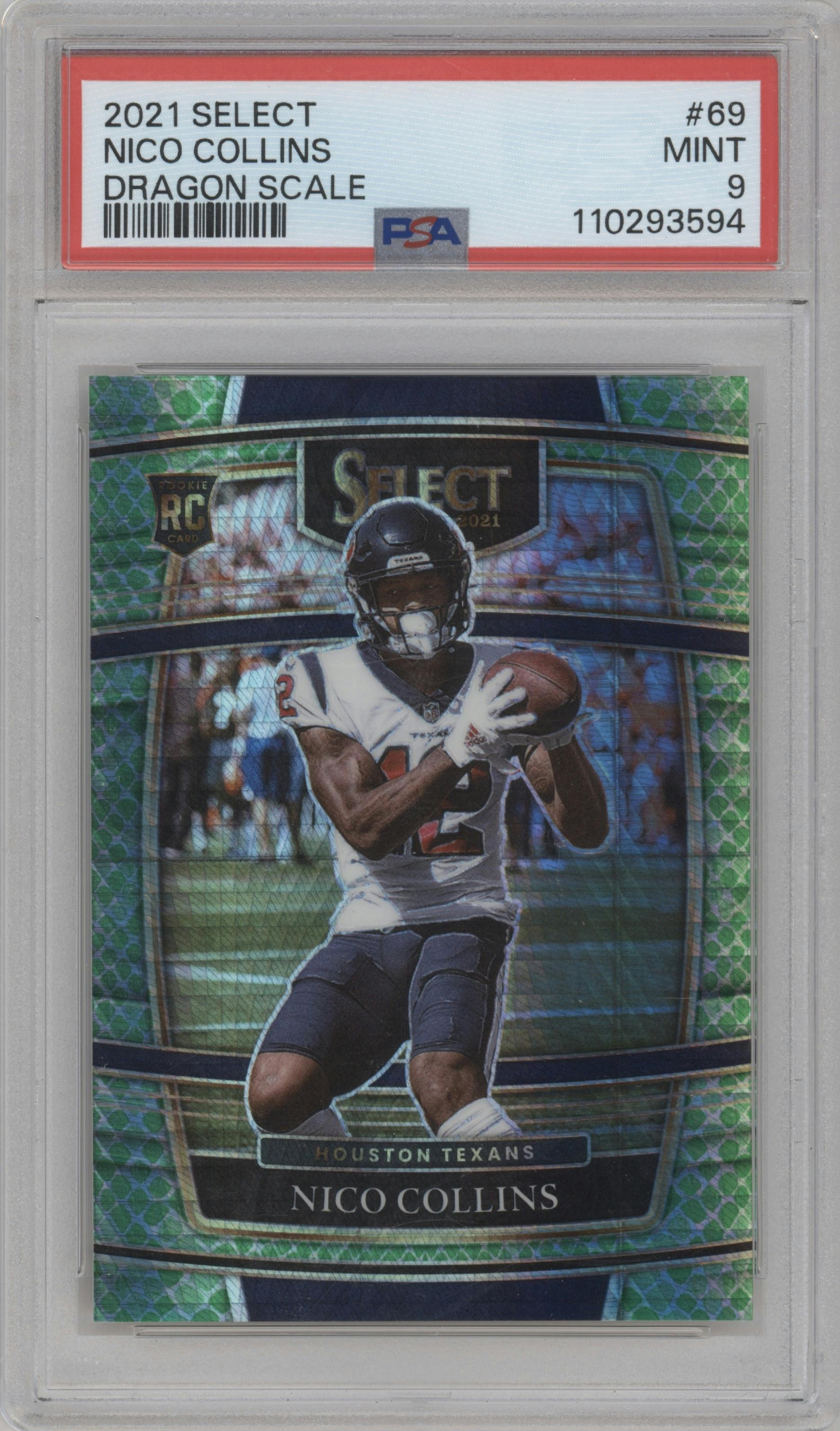 Nico Collins from the 2021 Panini Select set featuring a Dragon Scale parallel graded by PSA and given an overall grade of 9.