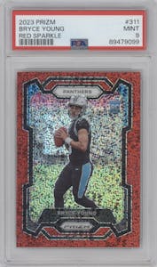 Bryce Young from the 2023 Panini Prizm set featuring a Red Sparkle Prizm parallel graded by PSA and given an overall grade of 9.