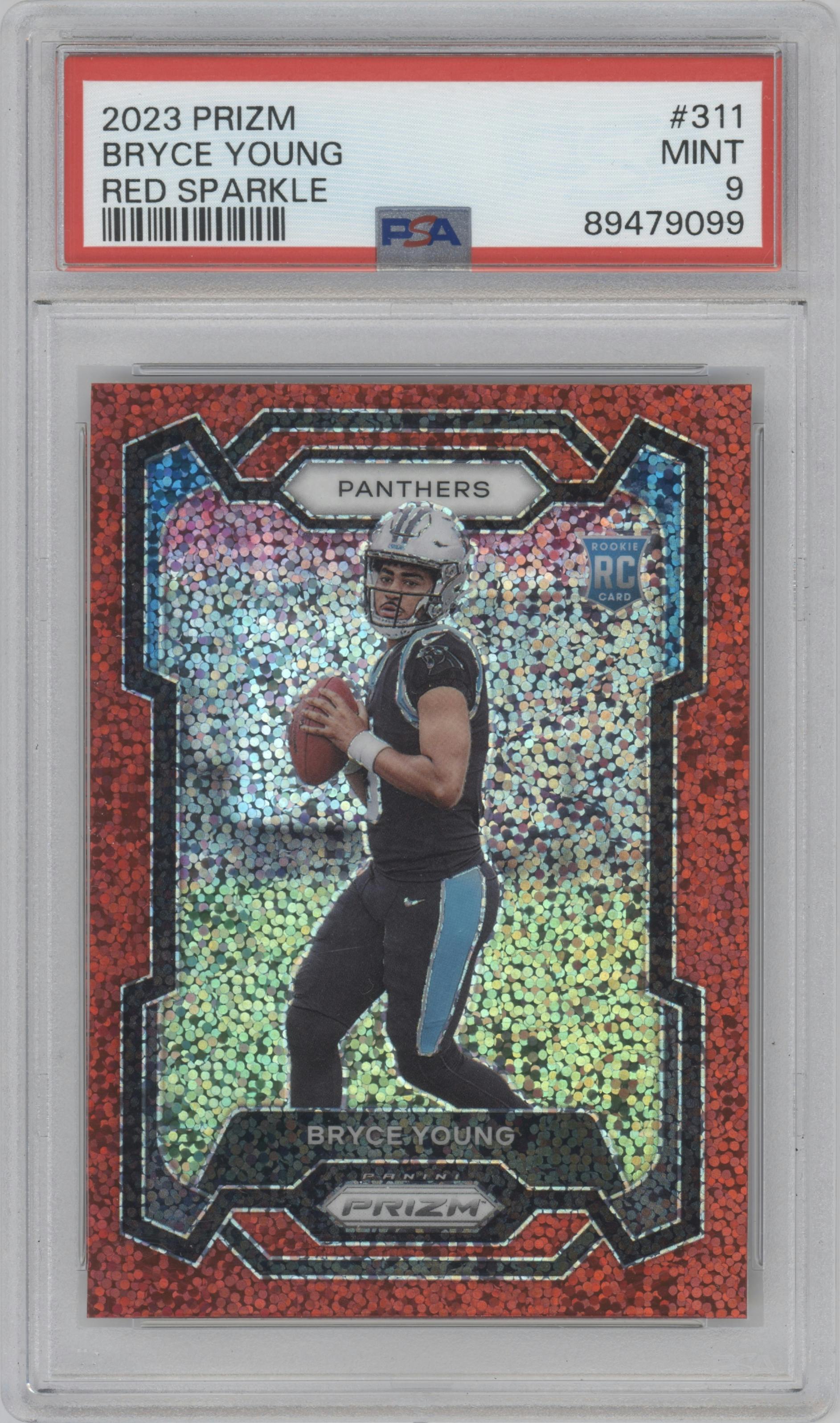 Bryce Young from the 2023 Panini Prizm set featuring a Red Sparkle Prizm parallel graded by PSA and given an overall grade of 9.