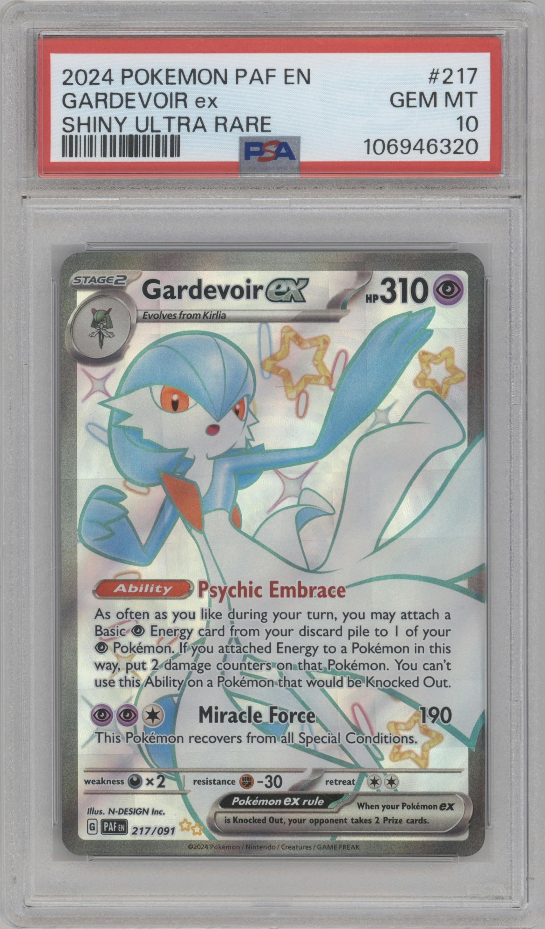 Gardevoir ex from the 2024 Pokemon SV set graded by PSA and given an overall grade of 10.