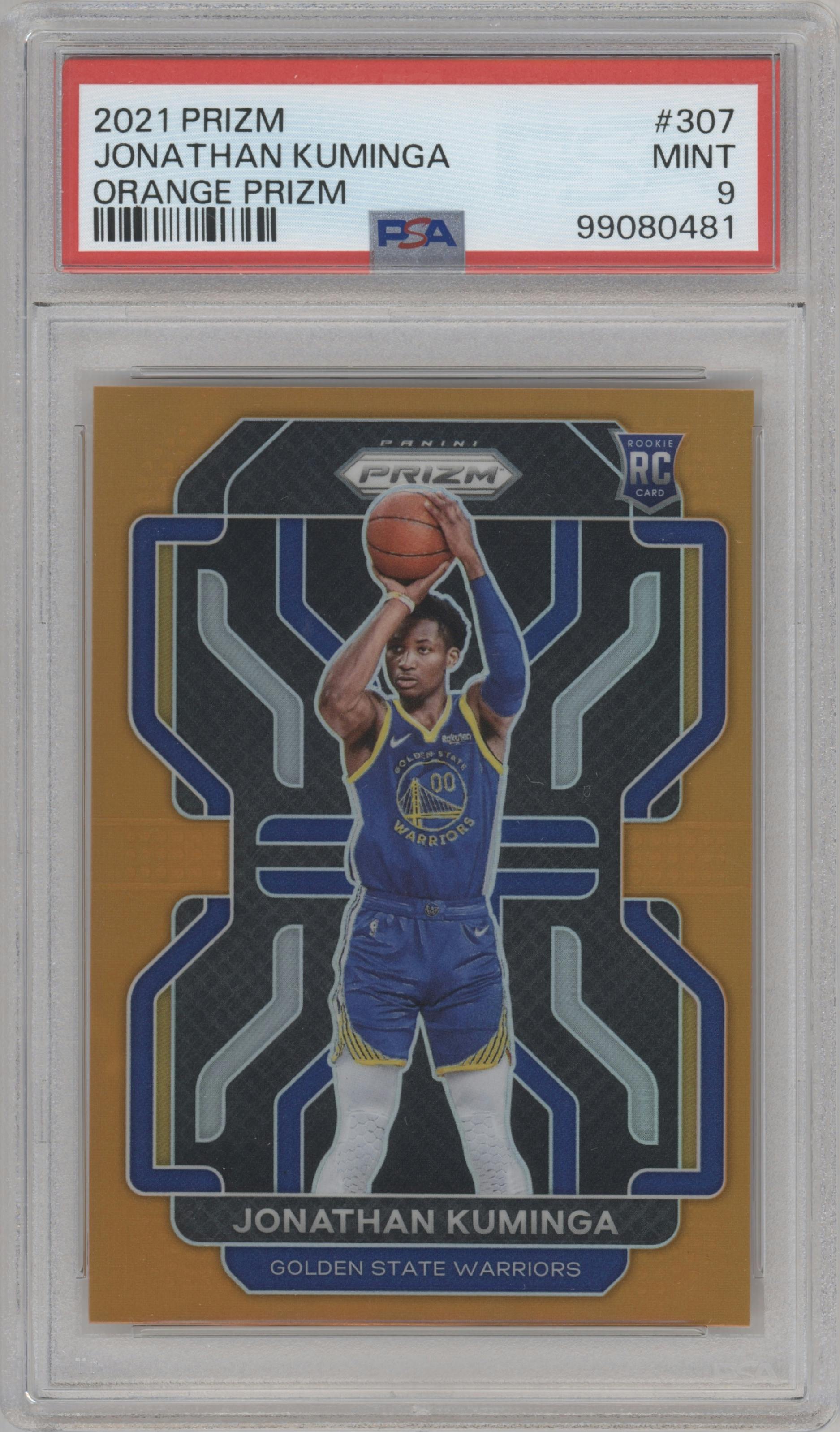  Jonathan Kuminga  from the 2021-22 Panini Prizm  set featuring a Orange Prizm parallel graded by PSA and given an overall grade of 9.