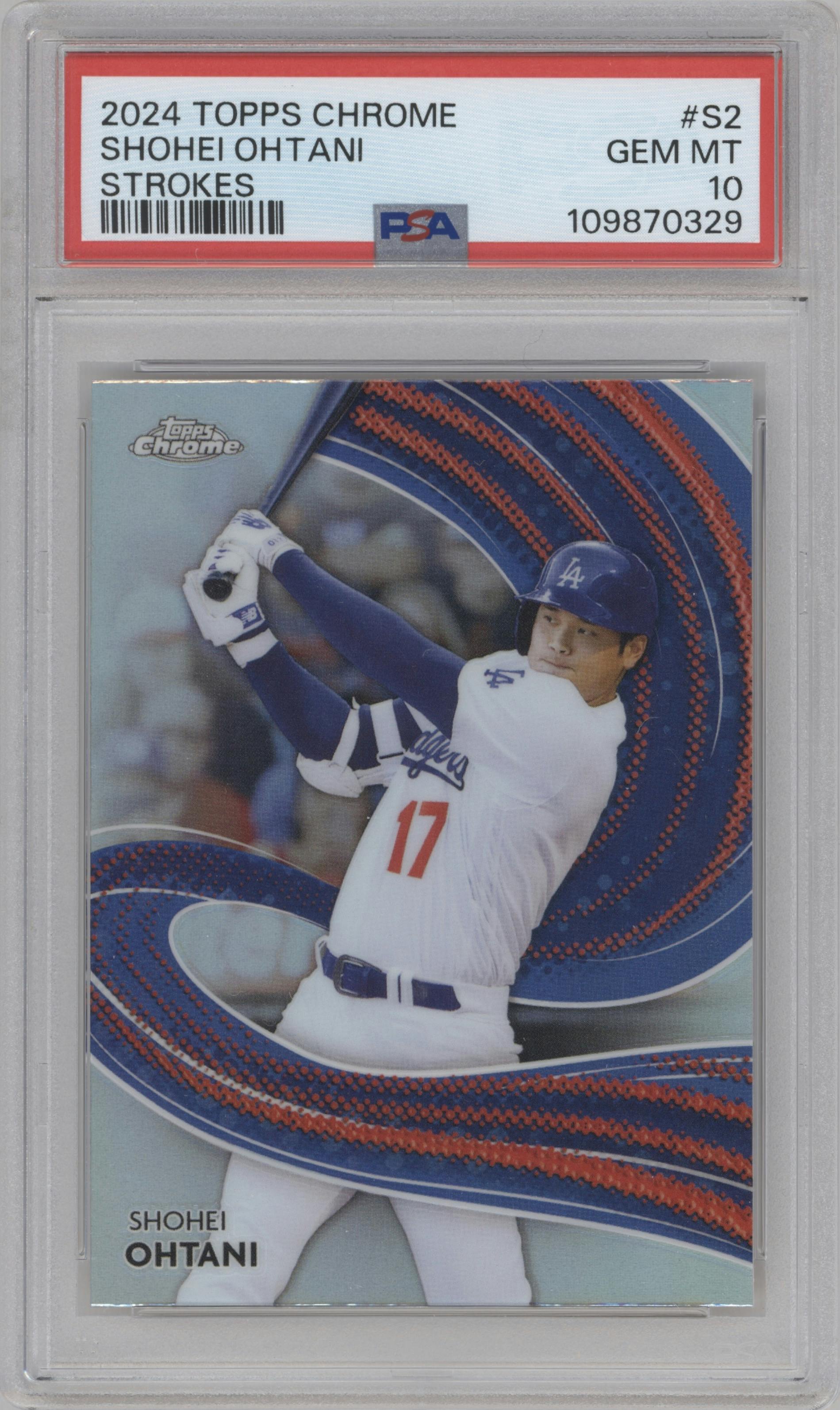 Shohei Ohtani from the 2024 Topps Chrome set graded by PSA and given an overall grade of 10.