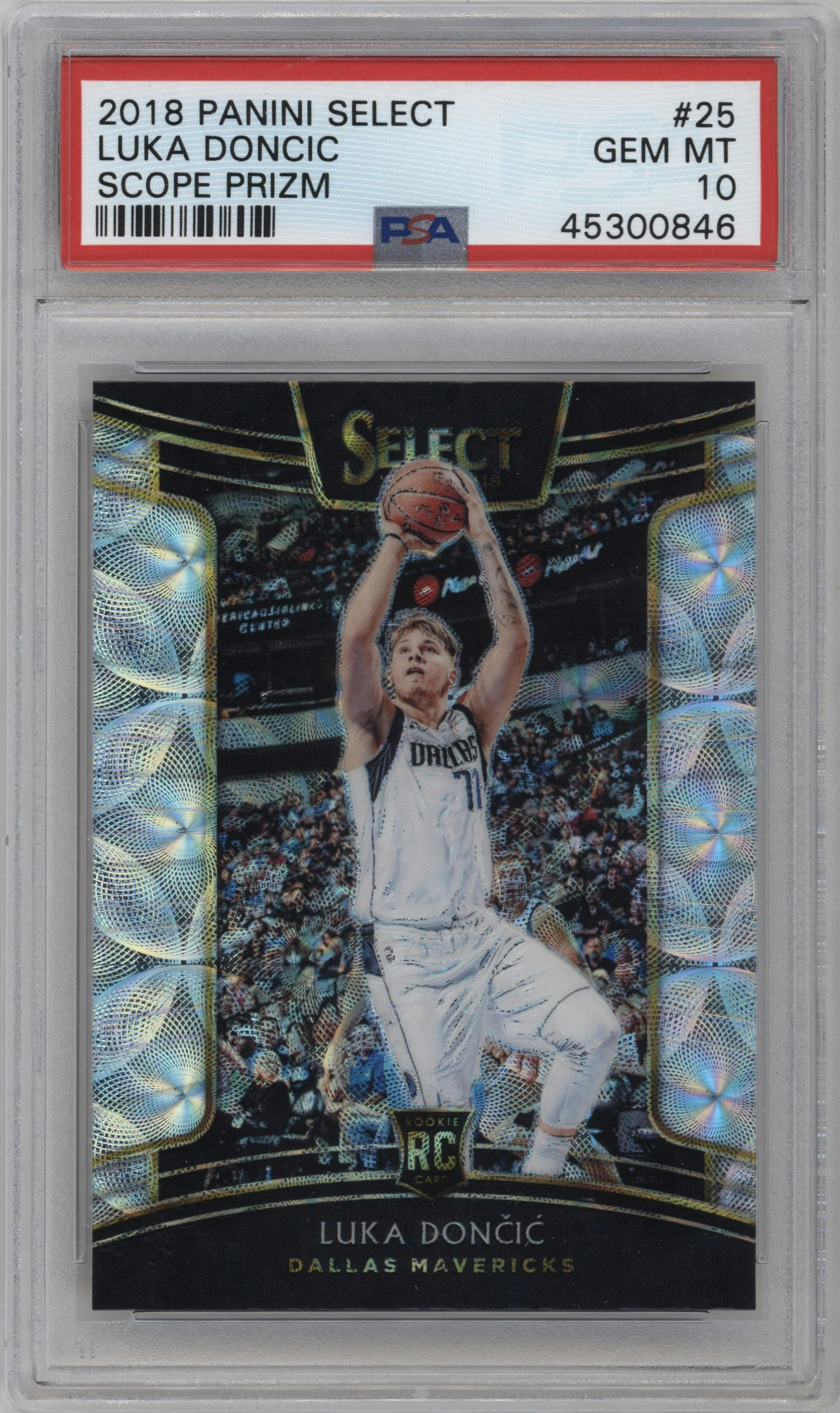 Luka Doncic from the 2018-19 Panini Select  set featuring a Scope parallel graded by PSA and given an overall grade of 10.