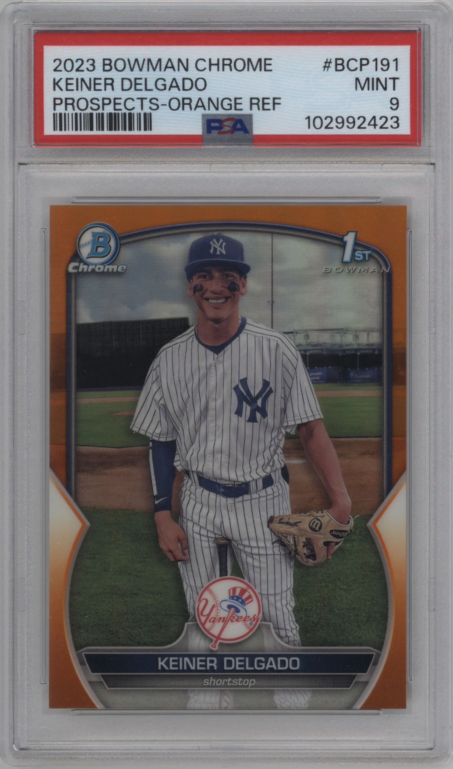 2023 Bowman Chrome Prospect Keiner Delgado Orange Refractor PSA 9