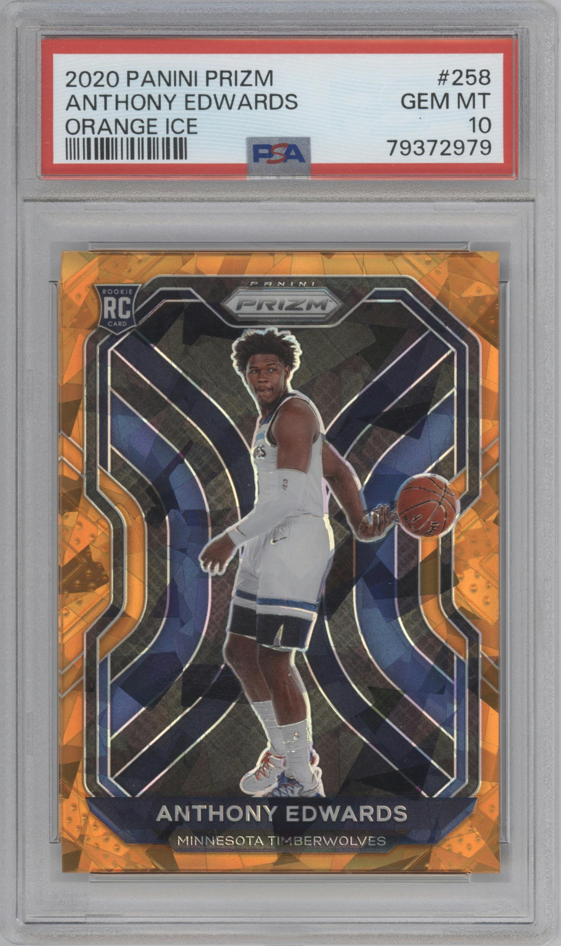 Anthony Edwards from the 2020-21 Panini Prizm set featuring a Orange Ice parallel graded by PSA and given an overall grade of 10.