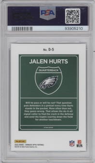 Jalen Hurts from the 2023 Donruss Optic set graded by PSA and given an overall grade of 10.