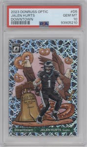 Jalen Hurts from the 2023 Donruss Optic set graded by PSA and given an overall grade of 10.