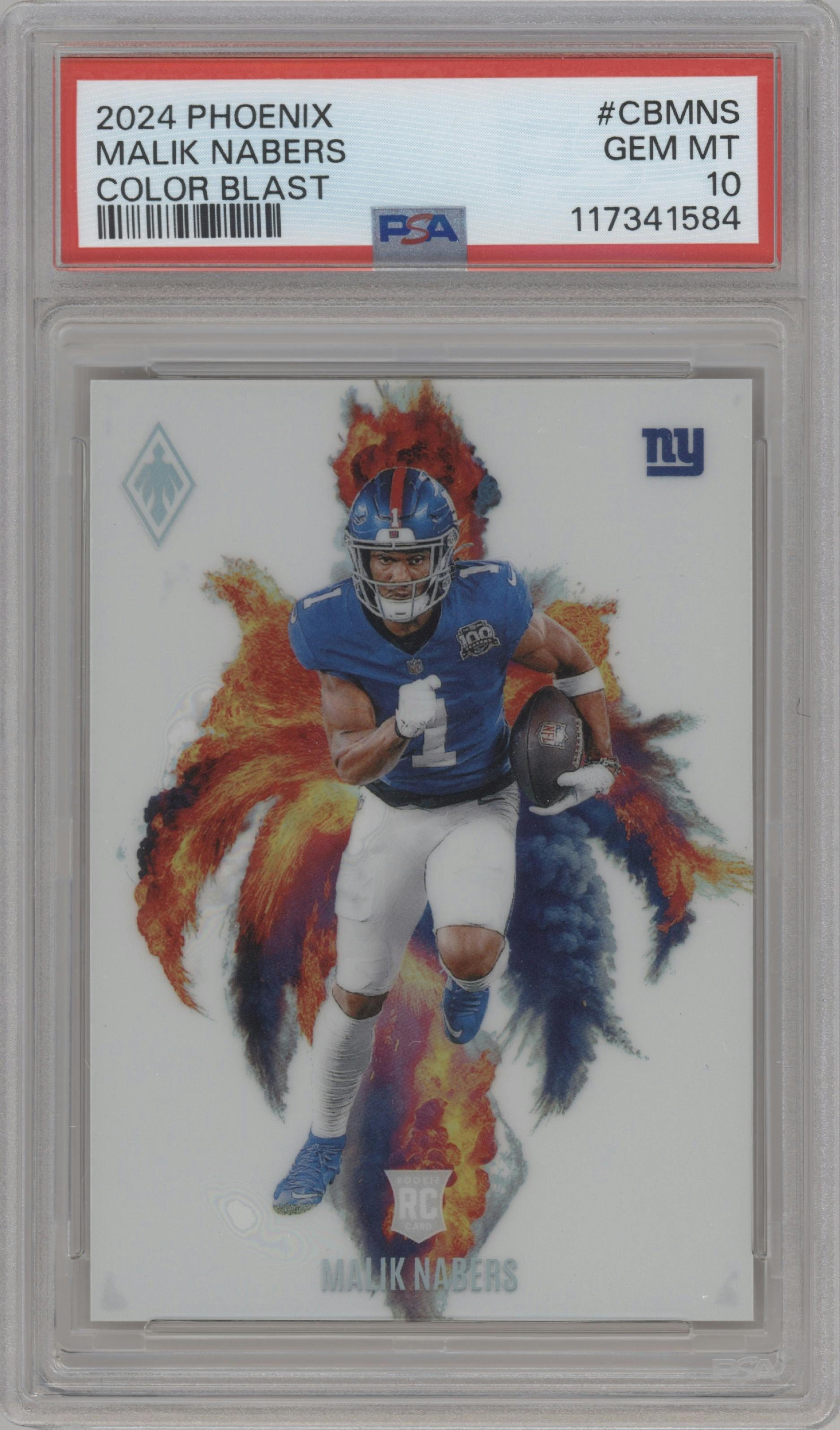 Malik Nabers from the 2024 Panini Phoenix set graded by PSA and given an overall grade of 10.