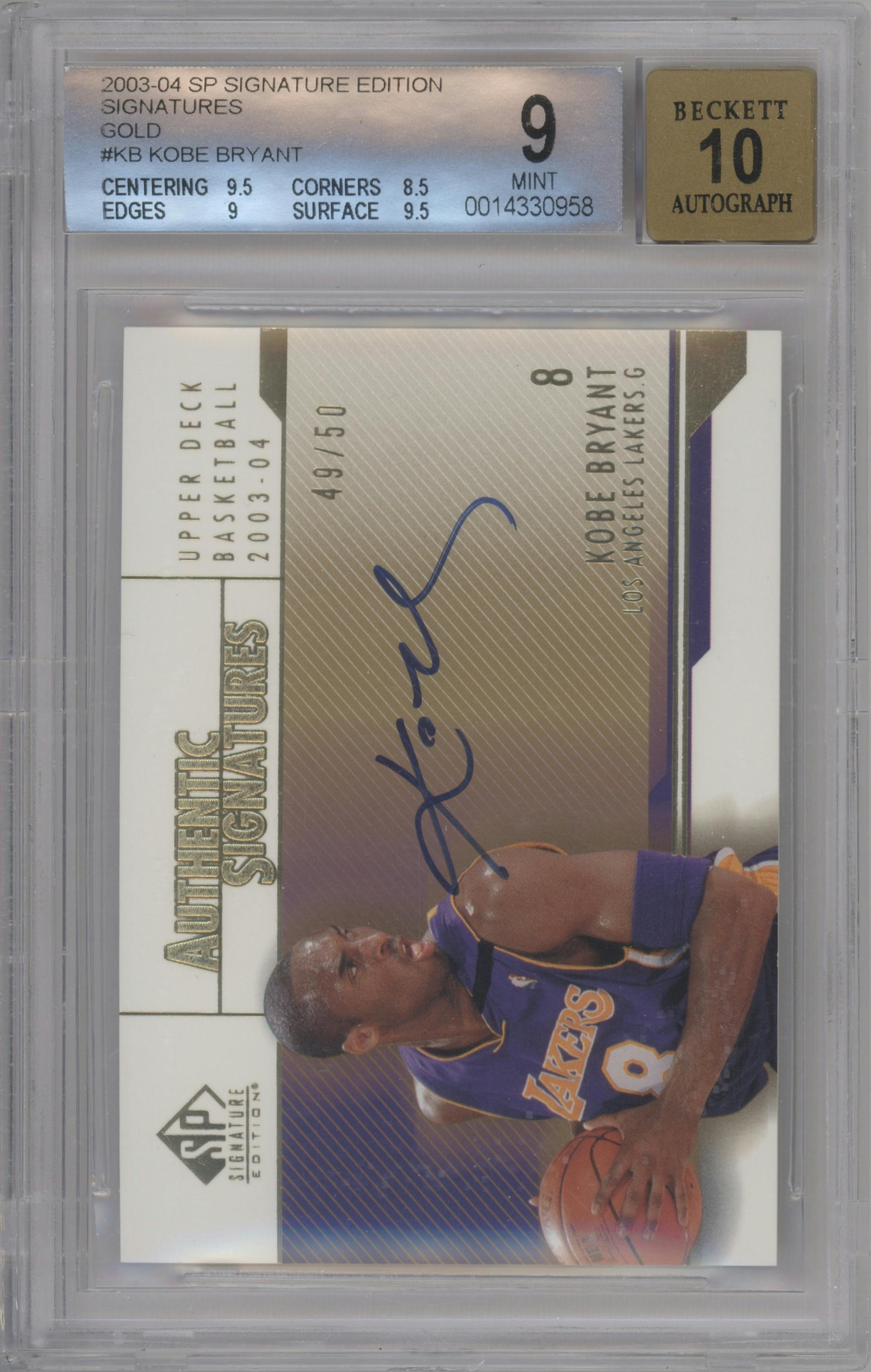 Kobe Bryant from the 2003-04 SP Signature Edition set featuring a Gold parallel graded by Beckett and given an overall grade of 9.