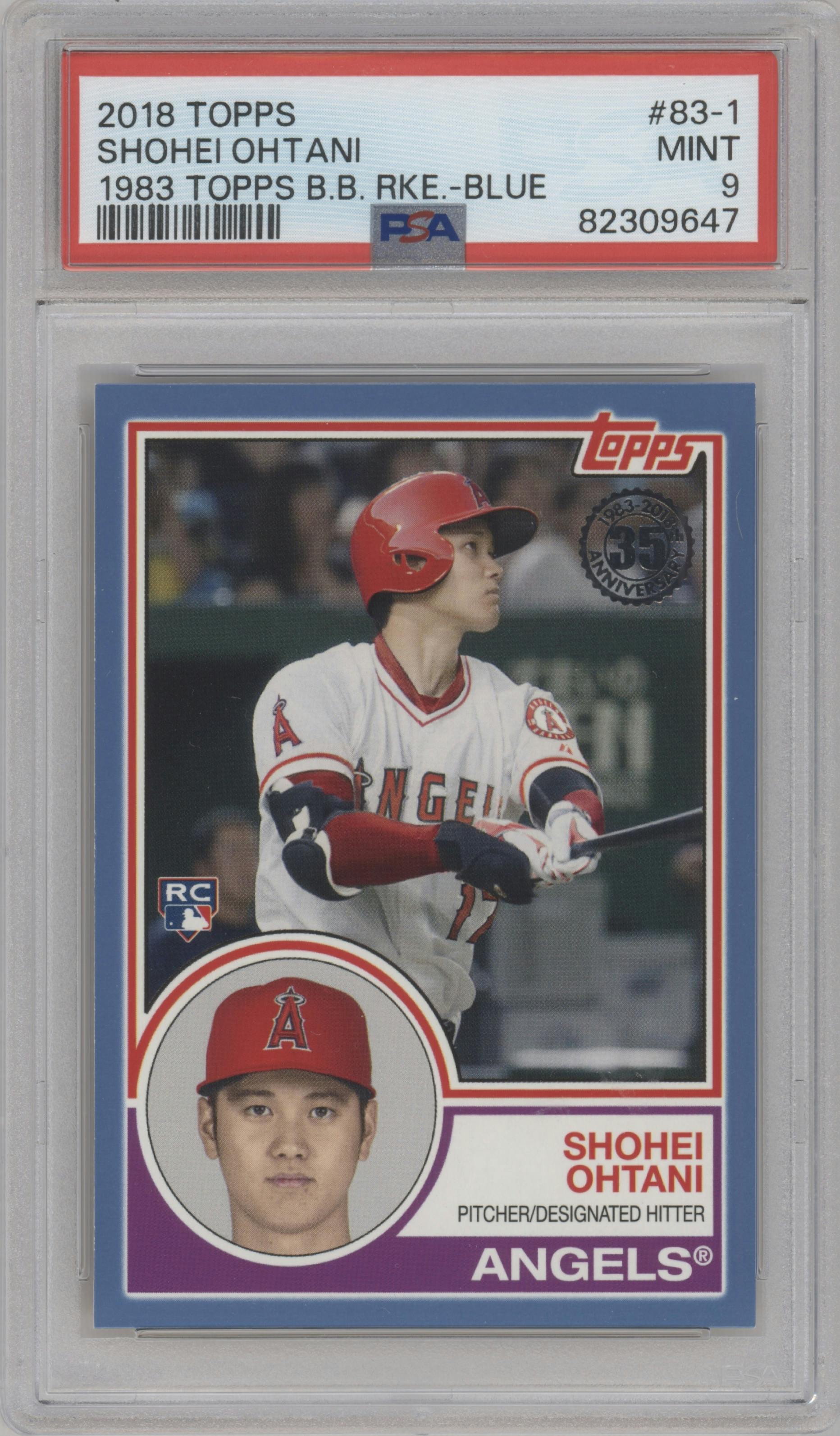 Shohei Ohtani from the 2018 Topps Series 2 set featuring a Blue parallel graded by PSA and given an overall grade of 9.