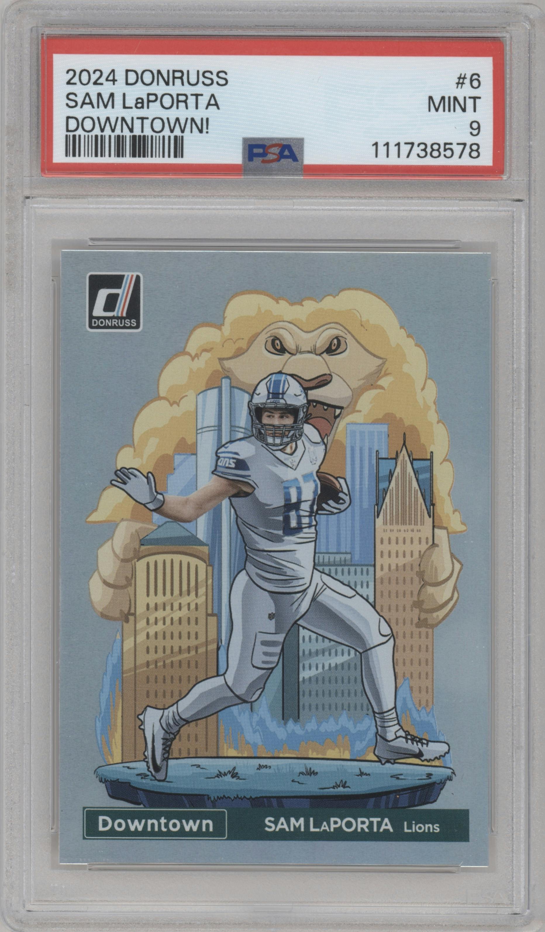 Sam LaPorta from the 2024 Donruss set graded by PSA and given an overall grade of 9.