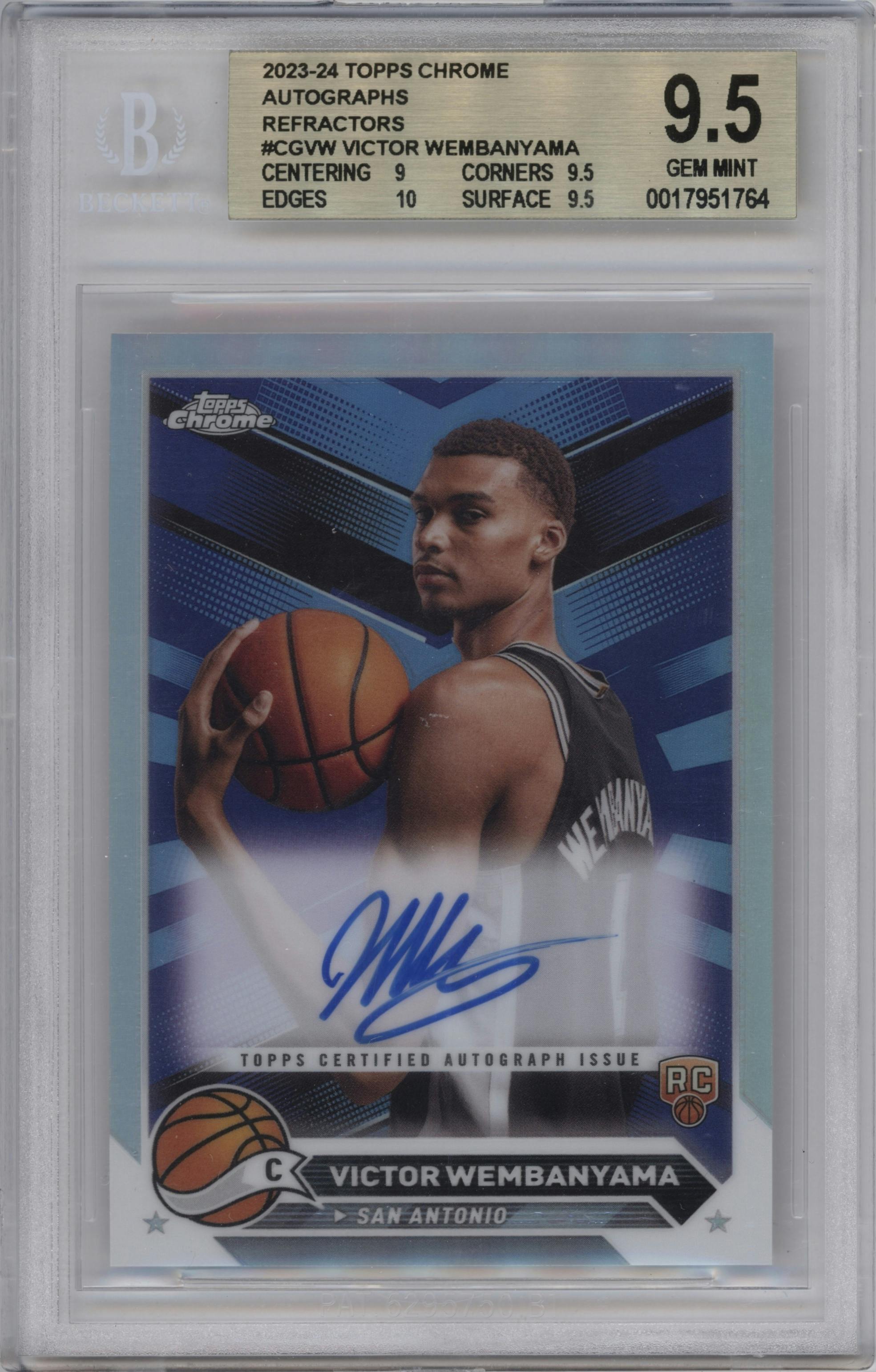 Victor Wembanyama from the 2023-24 Topps Chrome set featuring a Refractor parallel graded by Beckett and given an overall grade of 9.5.