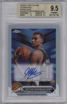 Victor Wembanyama from the 2023-24 Topps Chrome set featuring a Refractor parallel graded by Beckett and given an overall grade of 9.5.