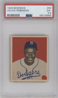 Jackie Robinson from the 1949 Bowman set graded by PSA and given an overall grade of 5.5.
