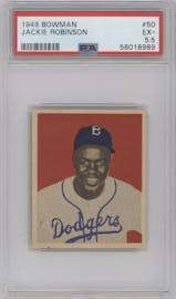 Jackie Robinson from the 1949 Bowman set graded by PSA and given an overall grade of 5.5.