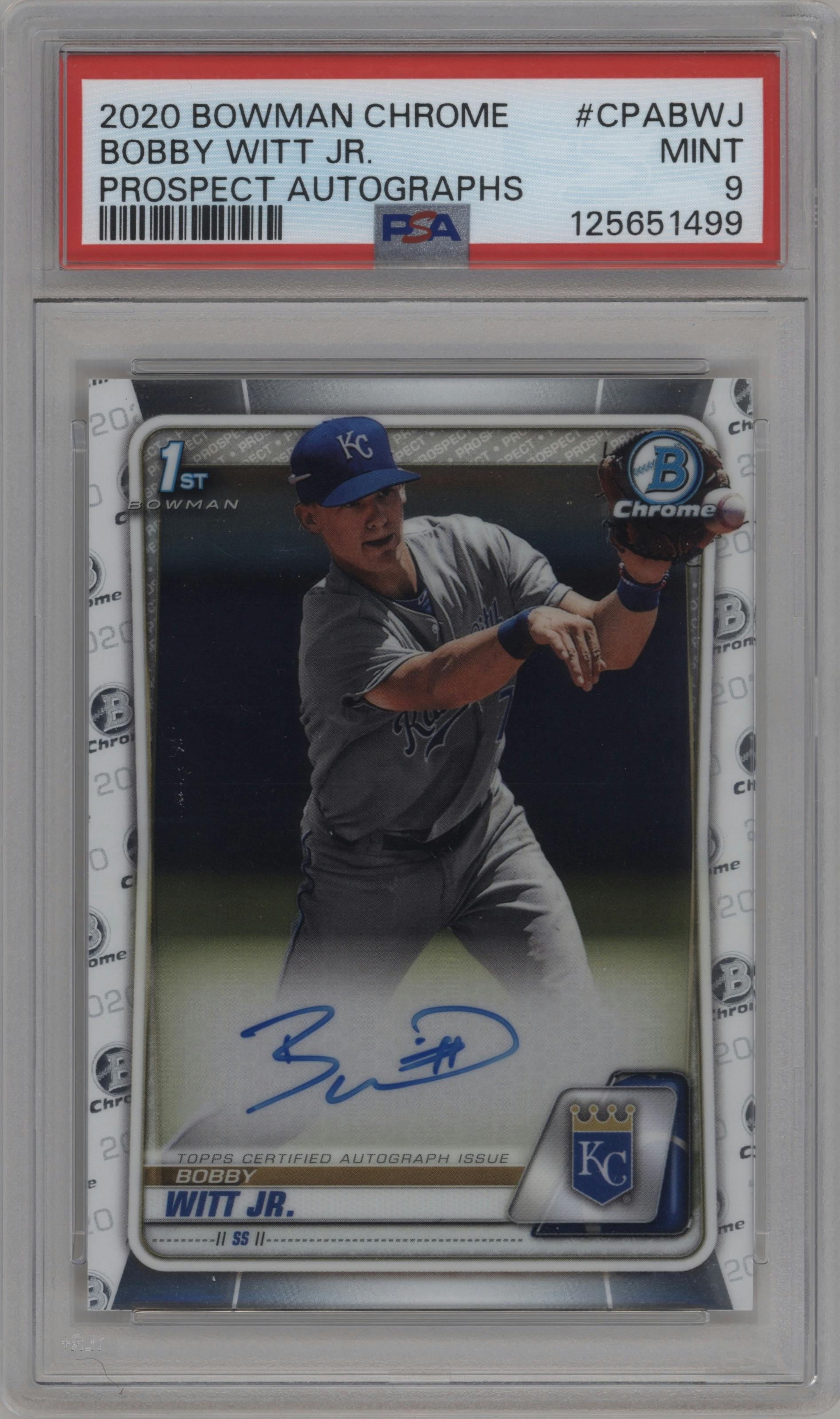 Bobby Witt Jr. from the 2020 Bowman Chrome set graded by PSA and given an overall grade of 9.