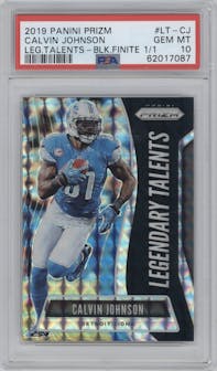 Calvin Johnson from the 2019 Panini Prizm set featuring a Black Finite Prizm parallel graded by PSA and given an overall grade of 10.