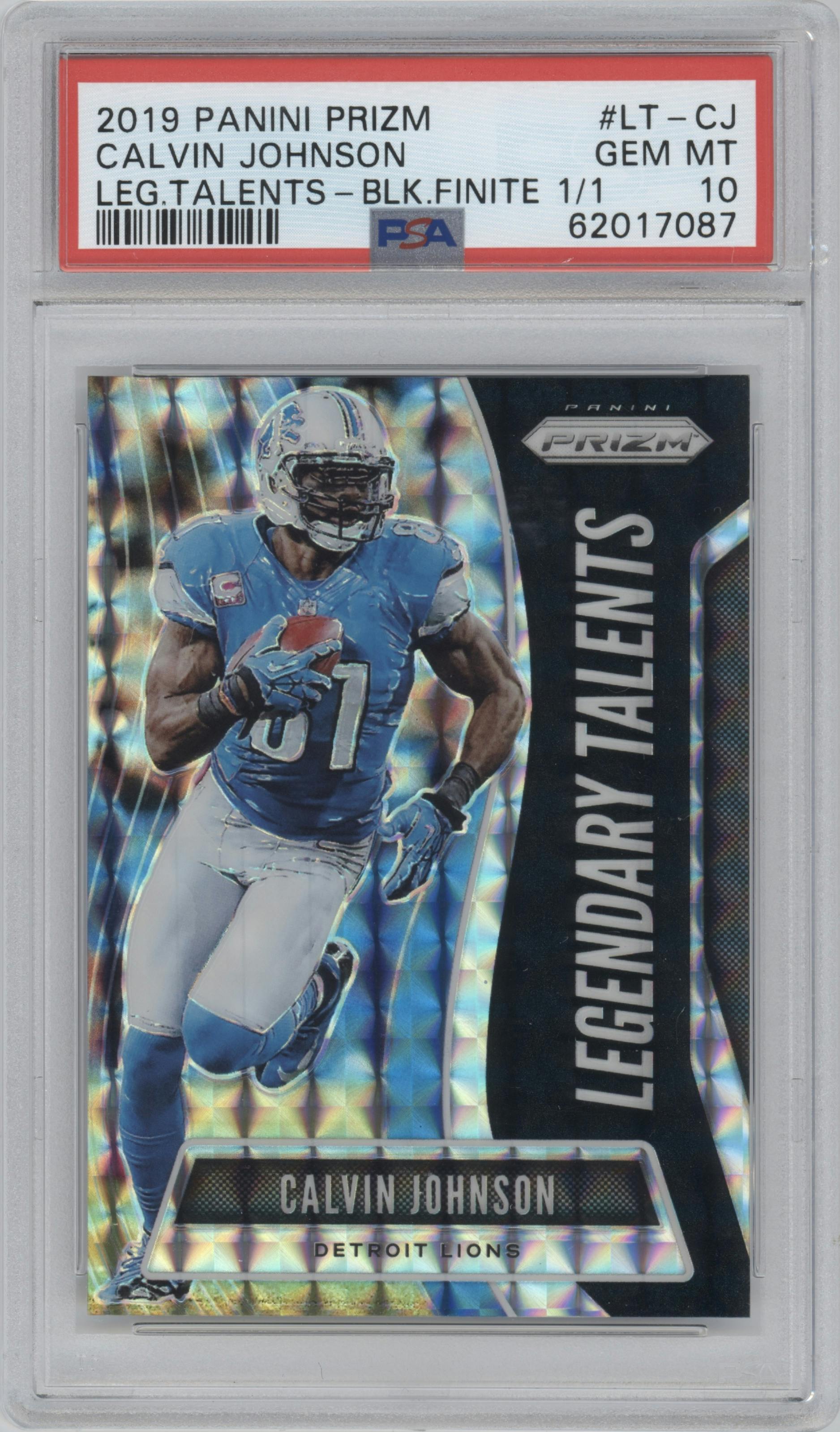 Calvin Johnson from the 2019 Panini Prizm set featuring a Black Finite Prizm parallel graded by PSA and given an overall grade of 10.
