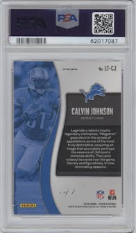 Calvin Johnson from the 2019 Panini Prizm set featuring a Black Finite Prizm parallel graded by PSA and given an overall grade of 10.
