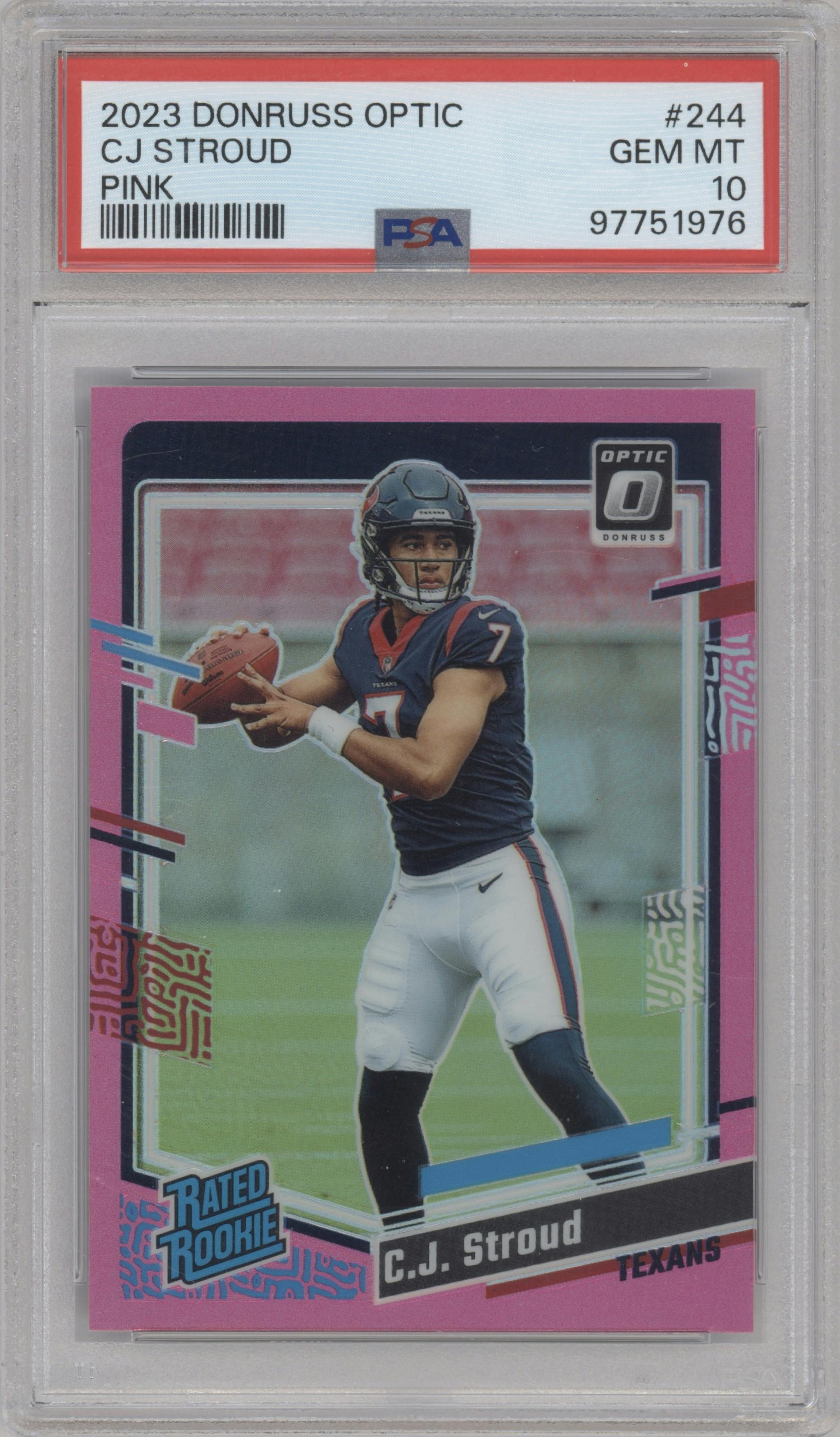 C.J. Stroud from the 2023 Donruss Optic set featuring a Pink parallel graded by PSA and given an overall grade of 10.