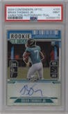 Brian Thomas Jr. from the 2024 Panini Contenders Optic set featuring a Teal parallel graded by PSA and given an overall grade of 9.