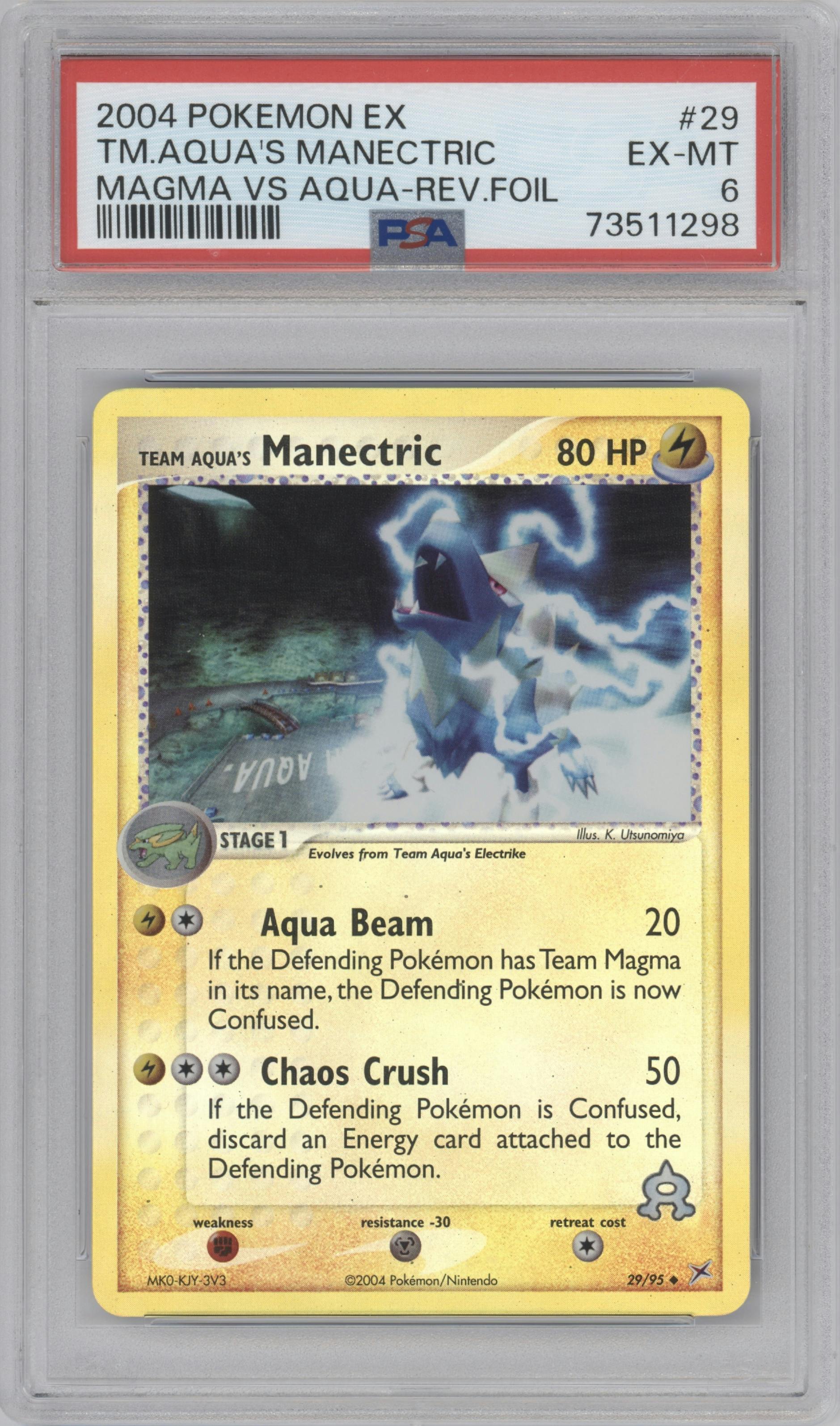 Team Aqua's Manectric from the 2004 Pokemon EX set graded by PSA and given an overall grade of 6.