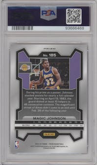 Magic Johnson from the 2023-24 Panini Prizm set featuring a Red White Blue Prizm parallel graded by PSA and given an overall grade of 10.