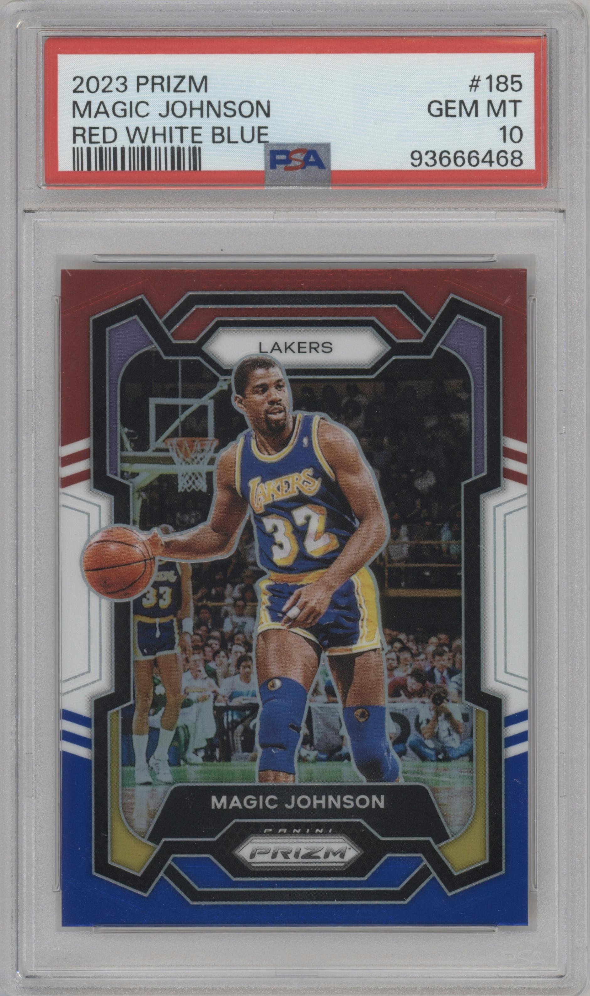 Magic Johnson from the 2023-24 Panini Prizm set featuring a Red White Blue Prizm parallel graded by PSA and given an overall grade of 10.