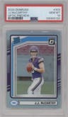 J.J. McCarthy from the 2024 Donruss set graded by PSA and given an overall grade of 10.