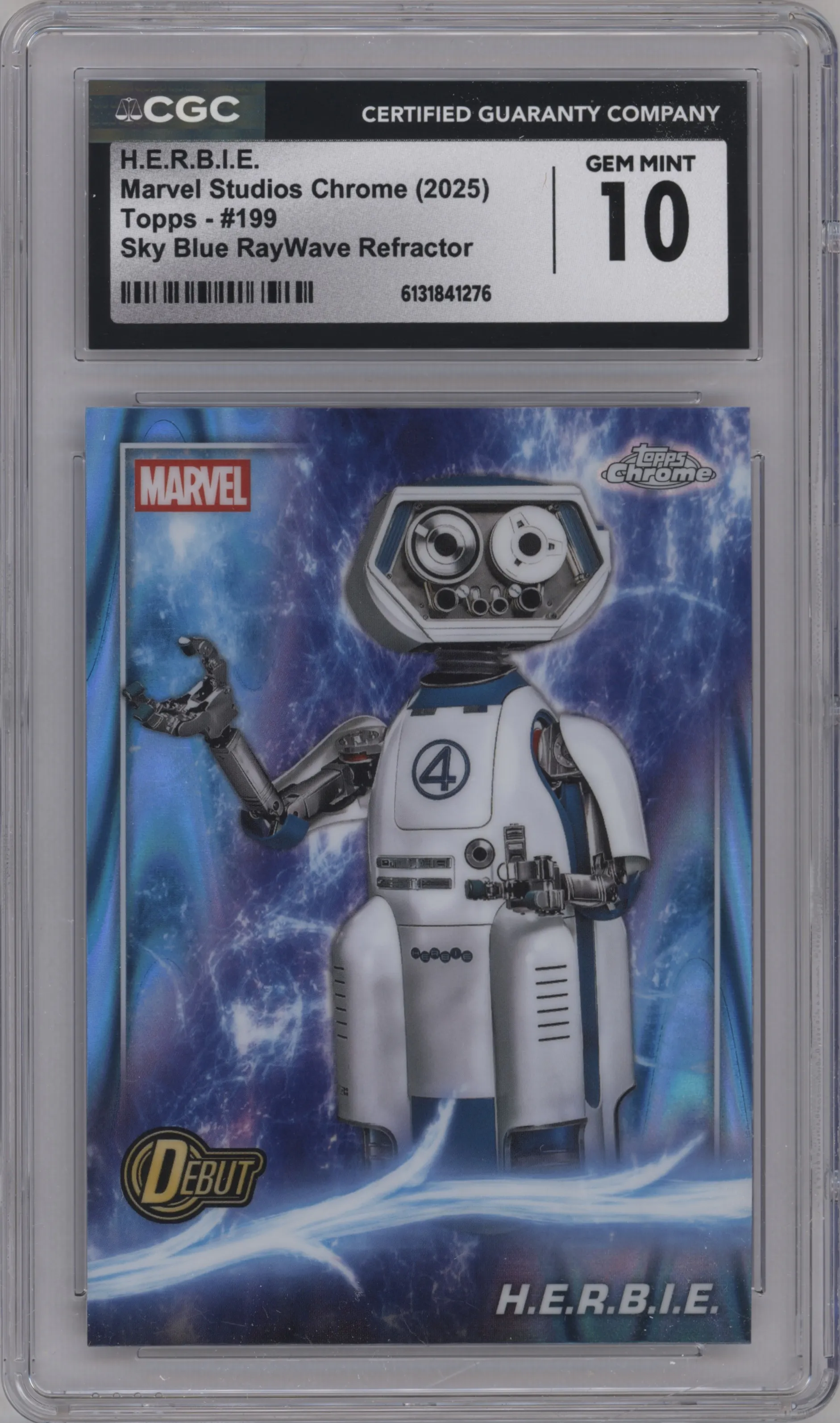 2025 Topps Chrome Marvel Studios H.E.R.B.I.E. Sky Blue RayWave Refractor CGC 10