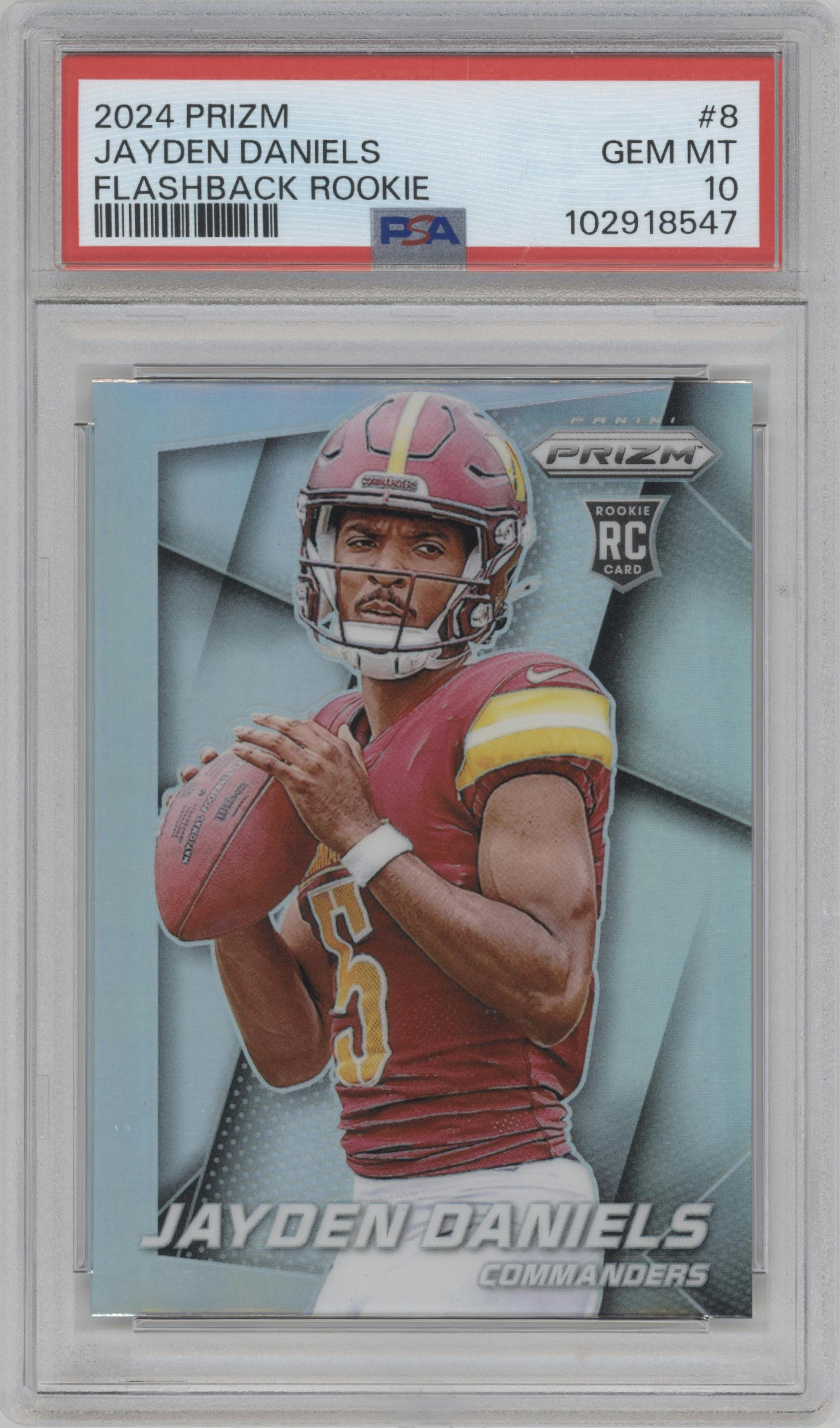 Jayden Daniels from the 2024 Panini Prizm set graded by PSA and given an overall grade of 10.