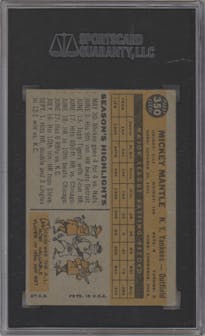 Mickey Mantle from the 1960 Topps set graded by SGC and given an overall grade of 4.