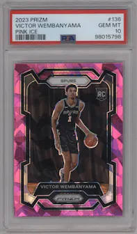 Victor Wembanyama from the 2023-24 Panini Prizm set featuring a Pink Ice parallel graded by PSA and given an overall grade of 10.