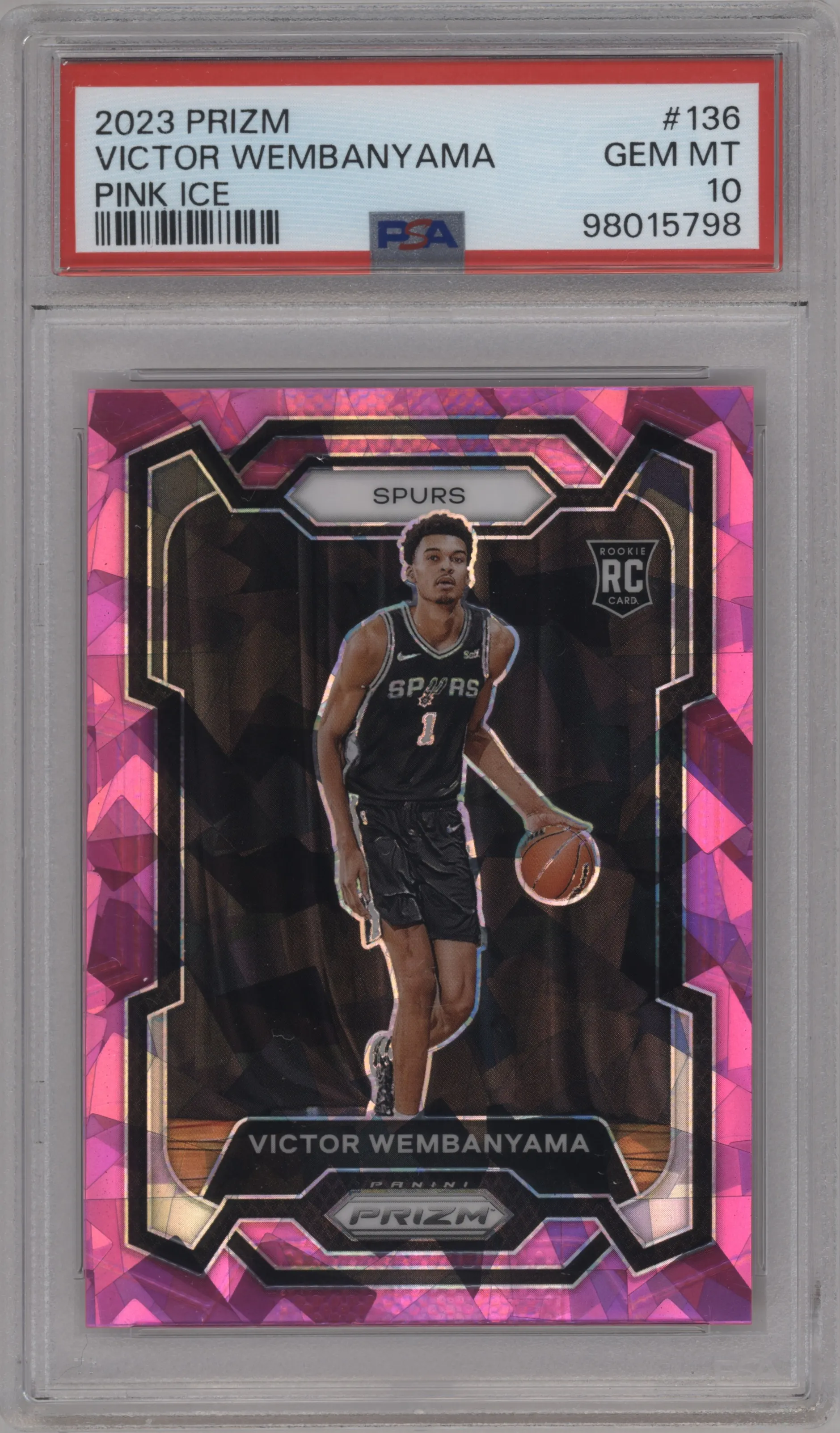 Victor Wembanyama from the 2023-24 Panini Prizm set featuring a Pink Ice parallel graded by PSA and given an overall grade of 10.