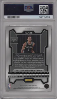 Victor Wembanyama from the 2023-24 Panini Prizm set featuring a Pink Ice parallel graded by PSA and given an overall grade of 10.