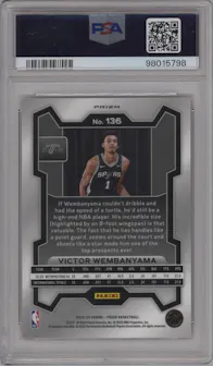 Victor Wembanyama from the 2023-24 Panini Prizm set featuring a Pink Ice parallel graded by PSA and given an overall grade of 10.
