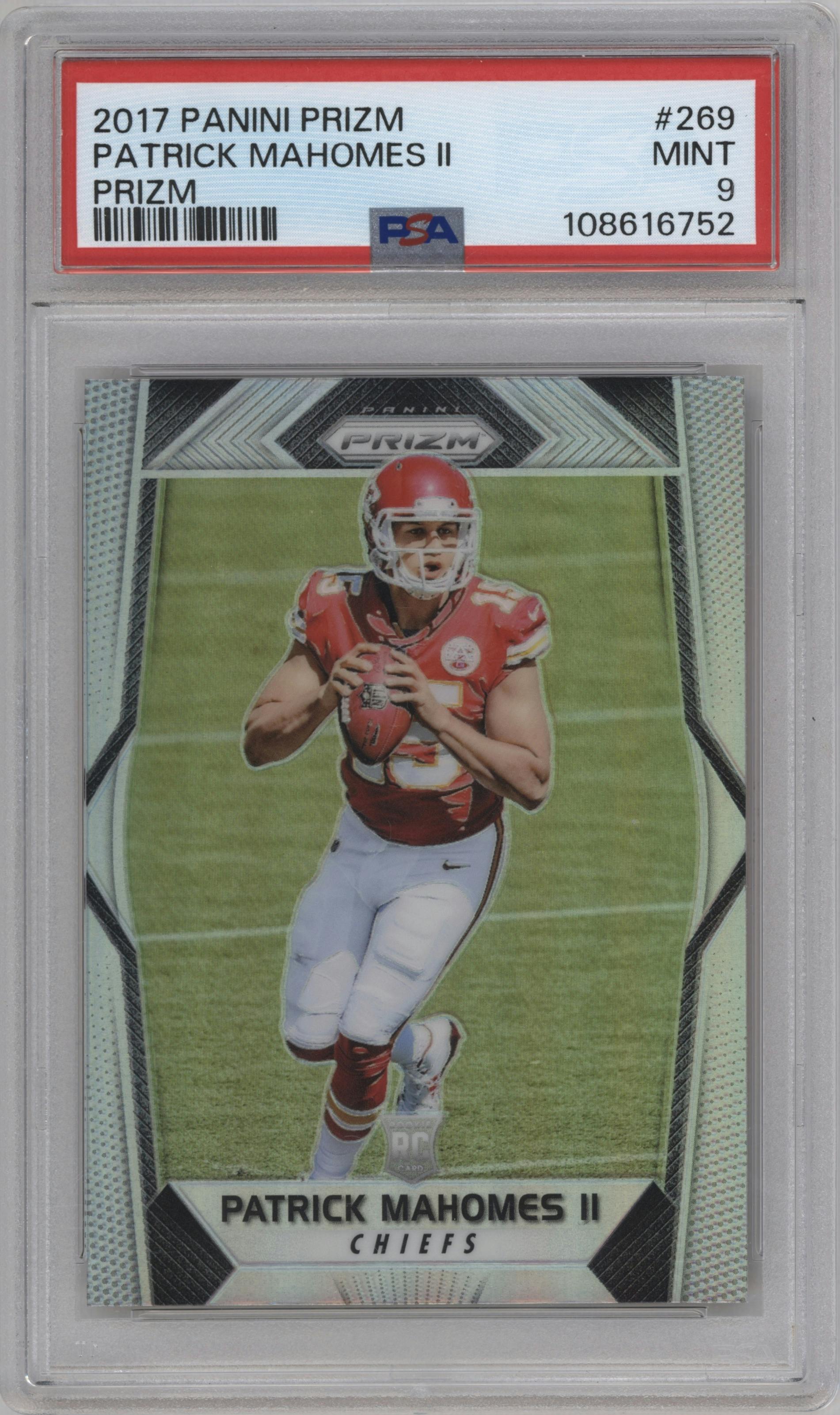 Patrick Mahomes II from the 2017 Panini Prizm set featuring a Prizm parallel graded by PSA and given an overall grade of 9.