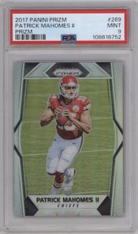 Patrick Mahomes II from the 2017 Panini Prizm set featuring a Prizm parallel graded by PSA and given an overall grade of 9.
